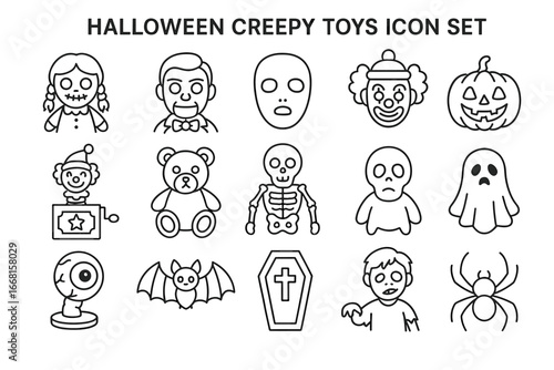 Creepy halloween toys icon set featuring clowns skeletons and ghosts