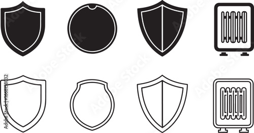 Vector art of collection of shield and radiator icons in black and white
