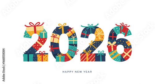 Colorful 2026 numbers decorated with gift boxes for New Year celebration  vector illustration 