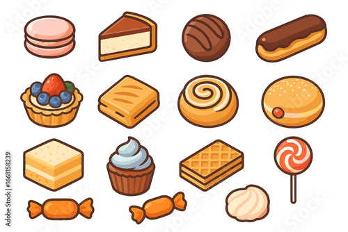 Cute assorted pastries and sweets icons on white background