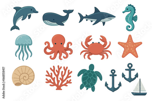 Colorful sea creatures collection featuring dolphins, whales, sharks, and more