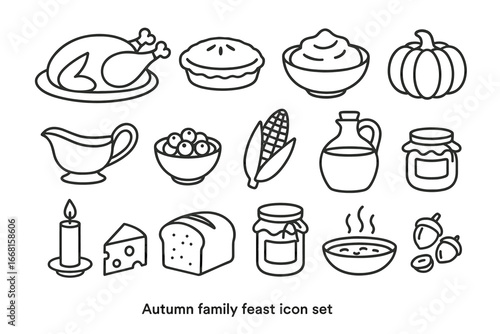 Autumn feast icon set: turkey, pie, pumpkin, corn, bread, jam, soup, candle