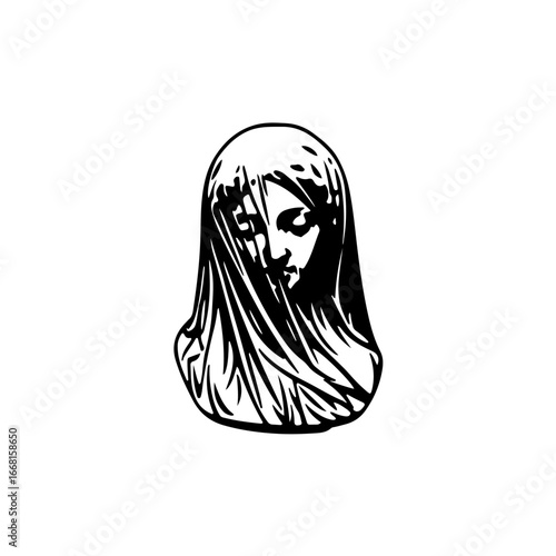 Expressive line art portrait captures sorrowful woman draped in veil, evoking deep emotion