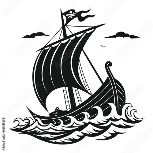 Ancient ship sailing in storm silhouette