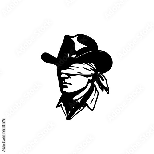 Blindfolded cowboy silhouette evokes mystery, adventure, and Western spirit in bold graphic style