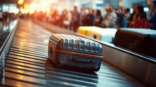 Shiny suitcase on baggage claim carousel with warm sunset glow in background