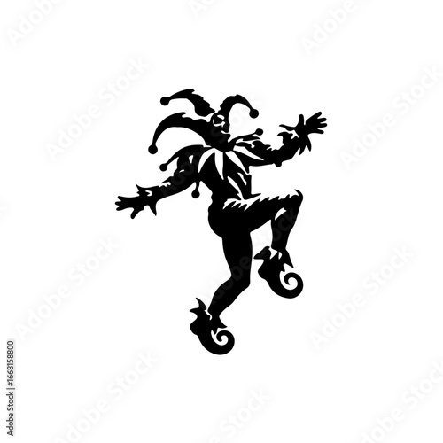 Dynamic jester silhouette leaping joyfully, a playful performer ready for entertainment and celebration.