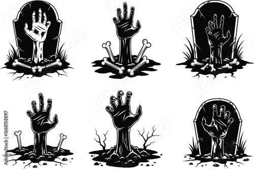 Creepy zombie hands rising from graveyard, horror Halloween illustration with tombstones and bones, spooky undead vector art for scary designs