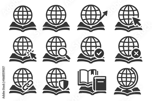 Digital education icons: global learning, search, security, analytics, and connectivity symbols