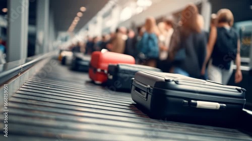 Bright red suitcase stands out on conveyor belt amid blurred crowd, showcasing travel anticipation