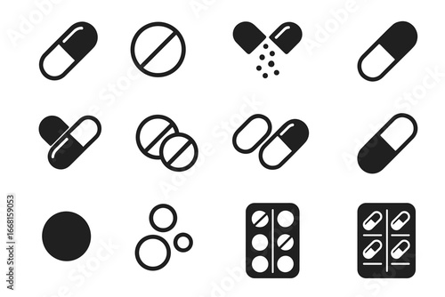 Various medicine and capsule icons in black on white background