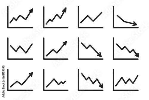 Set of twelve simplified line graphs showing various trends and data fluctuations