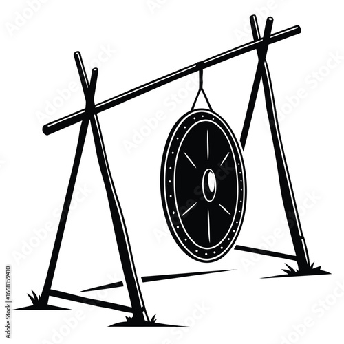 Ancient shield on wooden rack silhouette