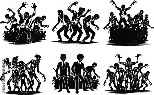 Zombie Horde Vector Set of Scary Silhouettes, Creepy Undead Creatures, Halloween Walking Dead Illustration Elements for Horror Design Themes