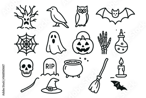 Halloween icon set with ghost, pumpkin, bat, and more
