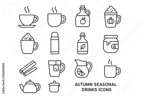 Autumn themed beverage icons featuring tea coffee pumpkin cinnamon