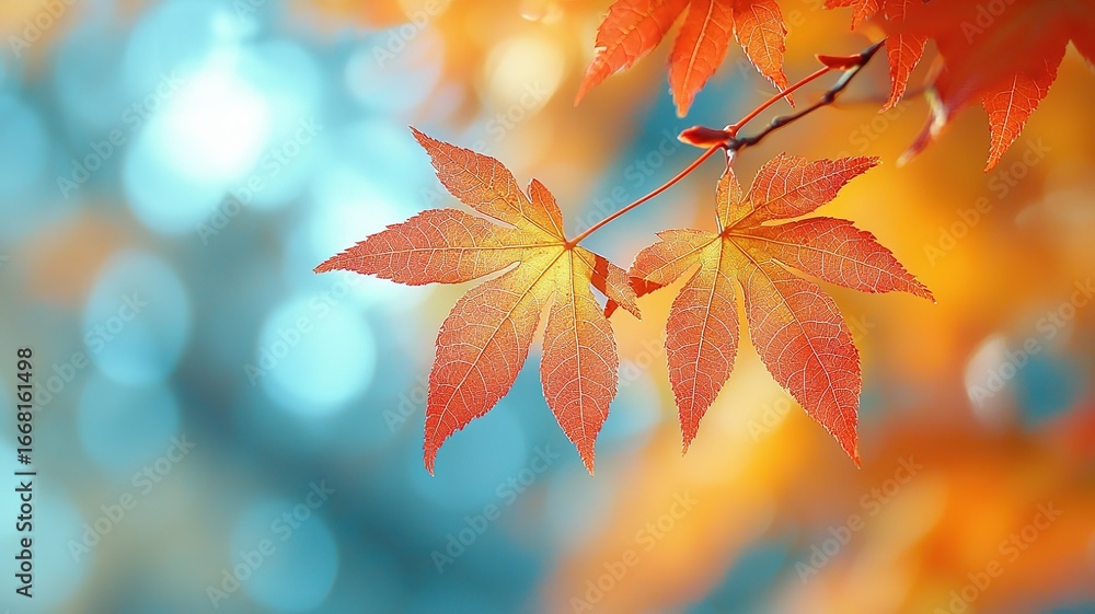 Fototapeta premium Close-Up of Autumn Maple Leaves, Soft Focus Macro Vintage Film Style 