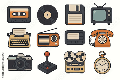 Vintage technology collection: cassette, vinyl, floppy disk, tv, and more