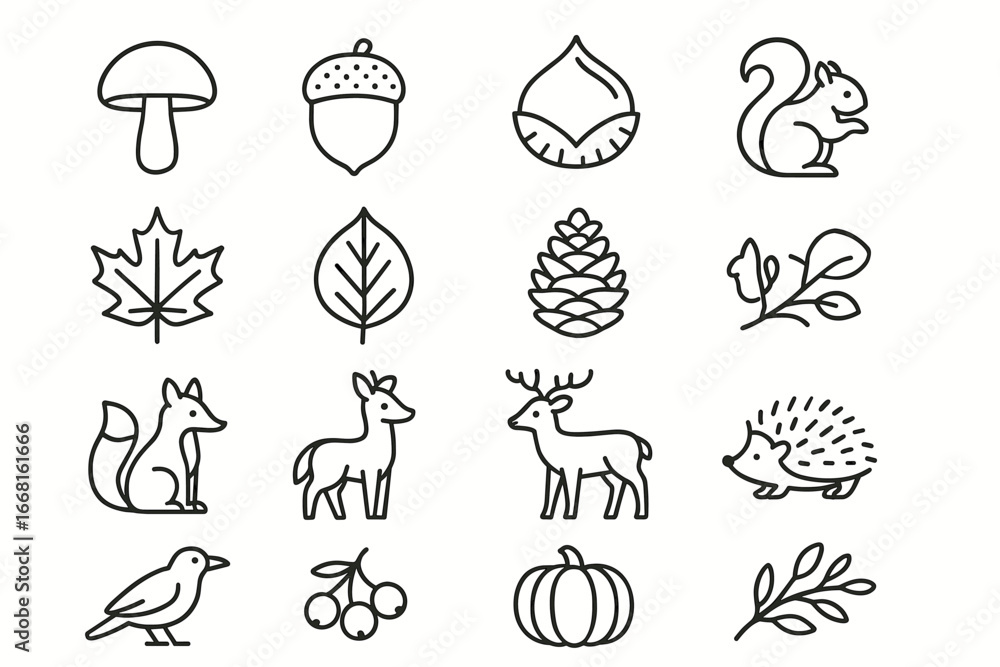 Fototapeta premium Autumn forest icons: squirrel, leaves, acorn, fox, deer, hedgehog, nature symbols