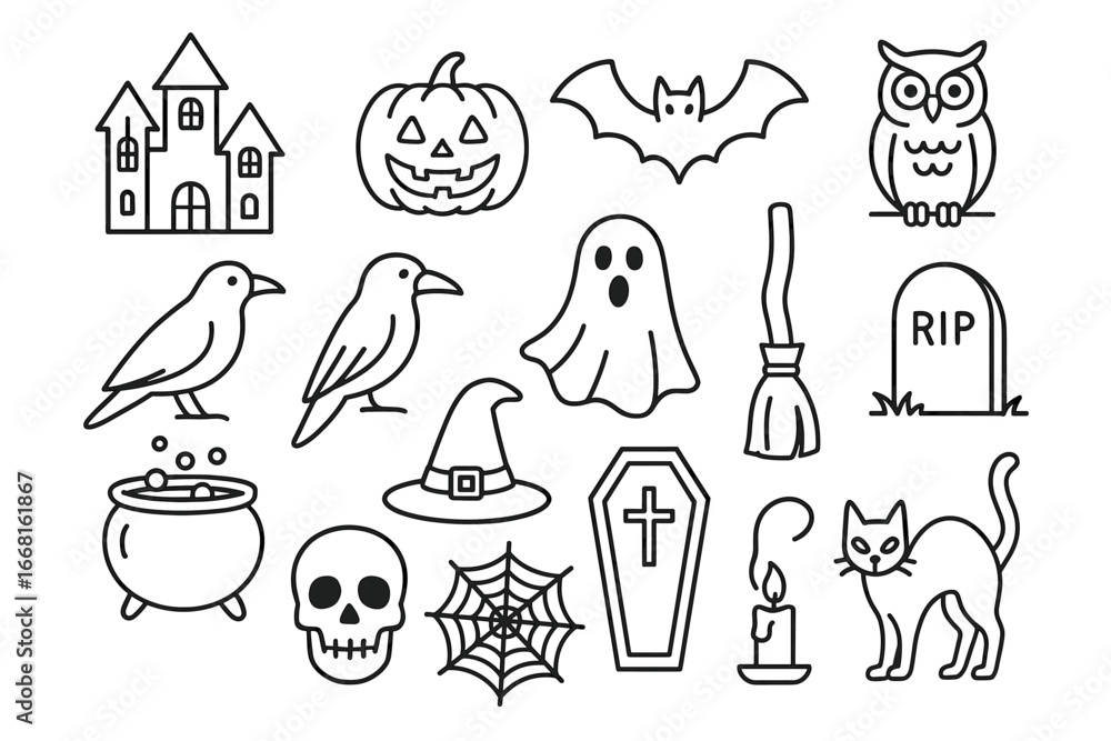 Obraz premium Halloween icons: ghost, pumpkin, bat, witch hat, haunted house, spider web, skull, owl