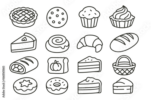 Assorted bakery icons: pie, cookie, cupcake, cinnamon roll, bread, basket
