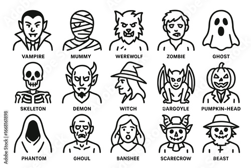 Icon set of classic halloween monsters and mythical creatures