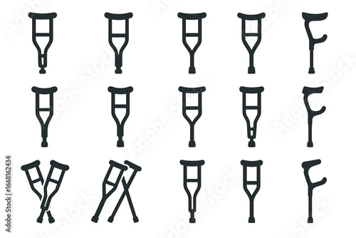 Variety of crutch designs: medical mobility support equipment collection