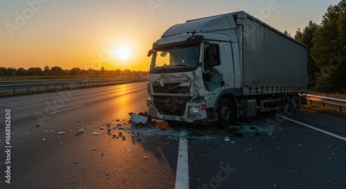 Damaged Truck After Road Accident at Sunset – World Day of Remembrance for Road Traffic Victims 