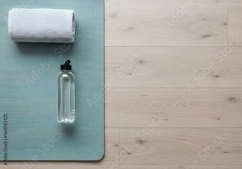 Yoga mat towel and water bottle on wooden floor for wellness