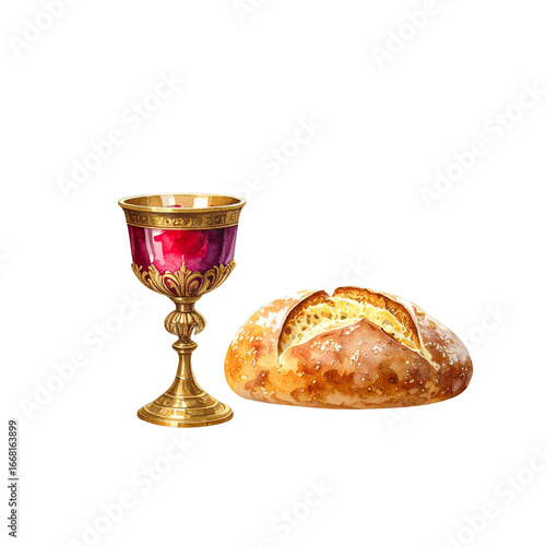 holy communion elements, bread loaf and gold chalice with red wine, watercolour style 