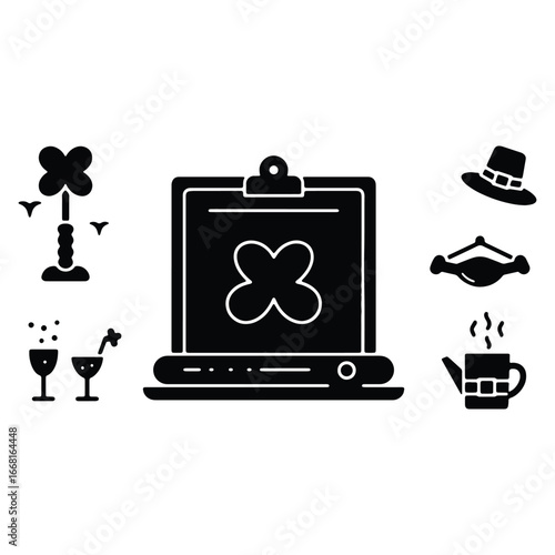 Collection of stylized icons featuring diverse themes black and white design elements digital illustration design assets graphic compilation