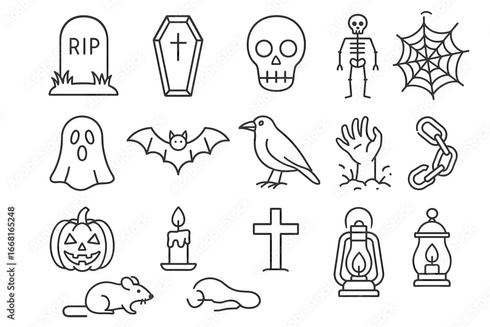 Obraz premium Halloween icons: skulls, pumpkins, spiders, and more in black and white