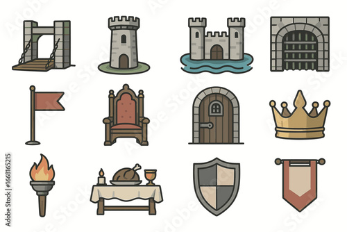 Medieval icons: castles, crown, and heraldry symbols in vector style