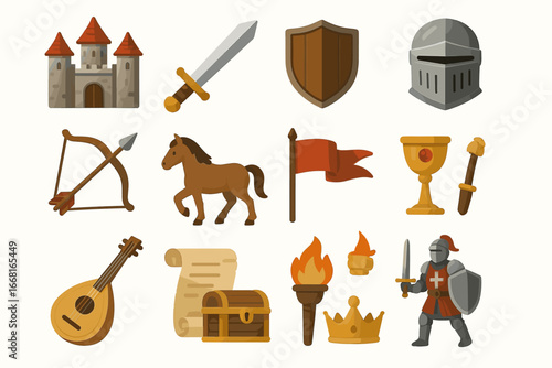 Medieval icons: castle, sword, shield, helmet, knight, horse, banner, goblet, torch
