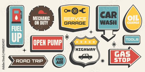 Retro sticker set. Fuel pump, oil, garage and service signs in Mid Century style. Vector illustration for gas station and road trip themes, vintage color palette