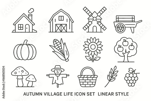 Autumn village life icons: house, barn, windmill, harvest themes in linear style