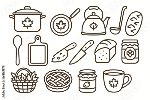 Outline icons of canadian cuisine: maple leaf cookware, bread, pie, jam, and more