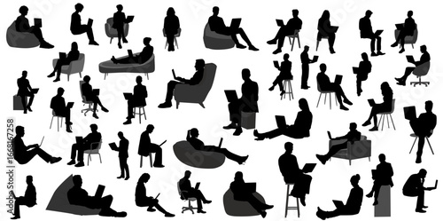 set of business people or employee standing, sitting on chair, bean bag, sofa and working on laptop. Employee, employer and business people working on laptop. Remote jobs, work from home, sit on couch