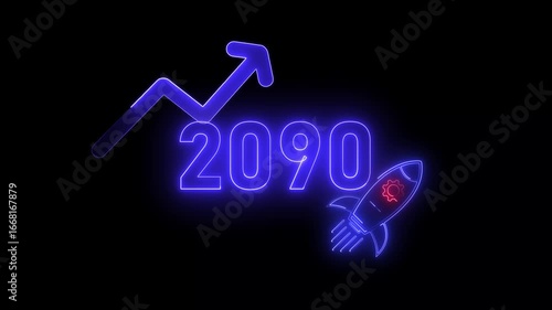 Wallpaper Mural Blue neon 2090 year with upward arrow graph and rocket ship icon on black background new year Torontodigital.ca