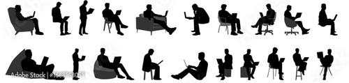 Set of business people working at office or working from home. Businessman working on laptop in various sitting position. Sitting on sofa, bean bag, couch , chair, sit on floor and standing.