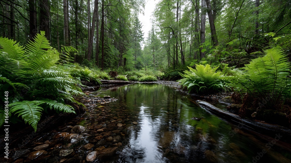 Fototapeta premium Serene Forest Stream with Lush Ferns and Verdant Trees: A Tranquil Nature Scene of Peace and Solitude.