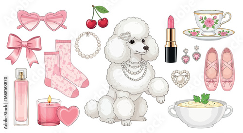 Chic white poodle surrounded by elegant pink accessories and beauty items
