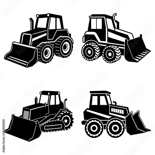 Four black and white illustrations showcasing different styles of construction bulldozers vehicles