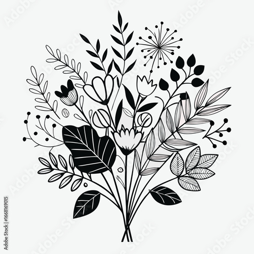 Graceful botanical foliage doodle bouquet vector set, crafted in clean black outline style. Features lush leaves, eucalyptus sprigs, and soft wildflowers arranged in balanced clusters. Minimalist mono