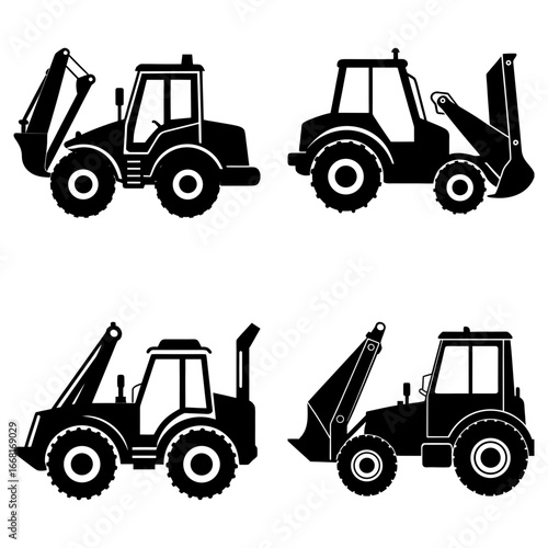 Silhouette illustration of four construction vehicles including backhoes and front loaders in black