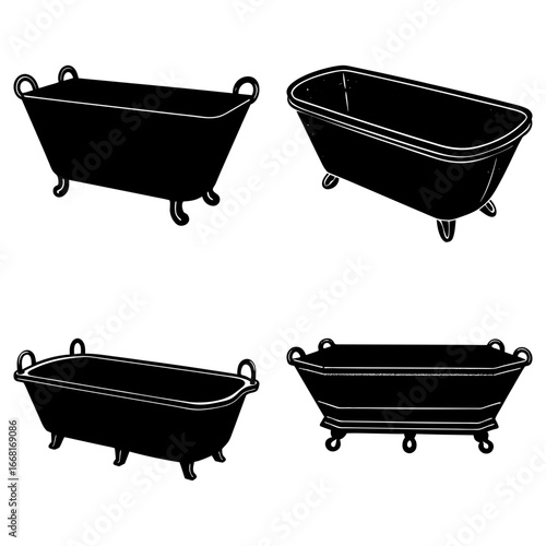 Collection of four black bathtubs in different styles and shapes on a white background display