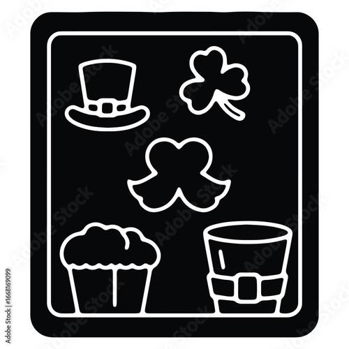 St Patricks Day symbols outline design with hat shamrock beer and a pint glass on black background