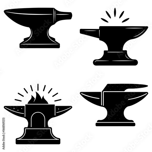 Four black and white anvil illustrations with varying designs and abstract fire elements present in the set