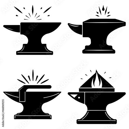 Four blacksmith anvils in black silhouette with sparks flying up from the metalworking process