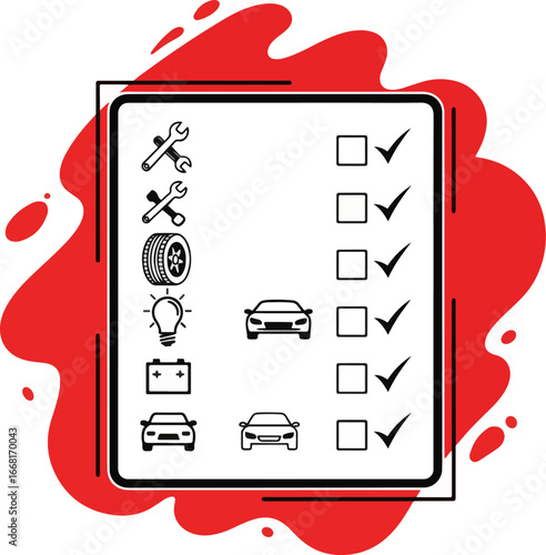 Vehicle Inspection Checklist Icon – Bold Black and White Vector Illustration of Automotive Evaluation Document on Red Background